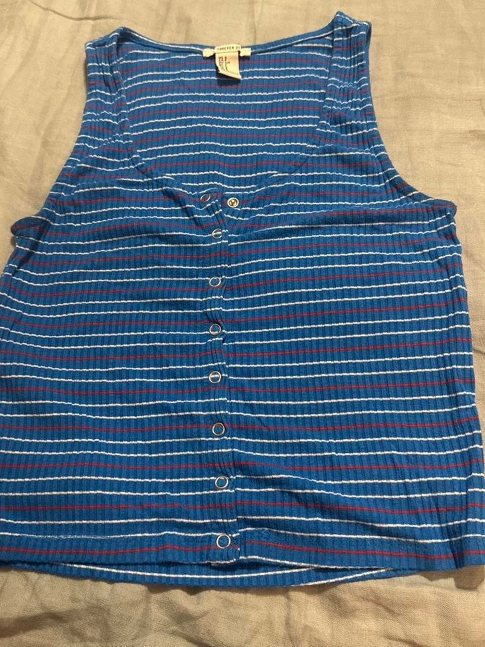 Forever 21 Blue Striped Ribbed Button-Front Tank Top